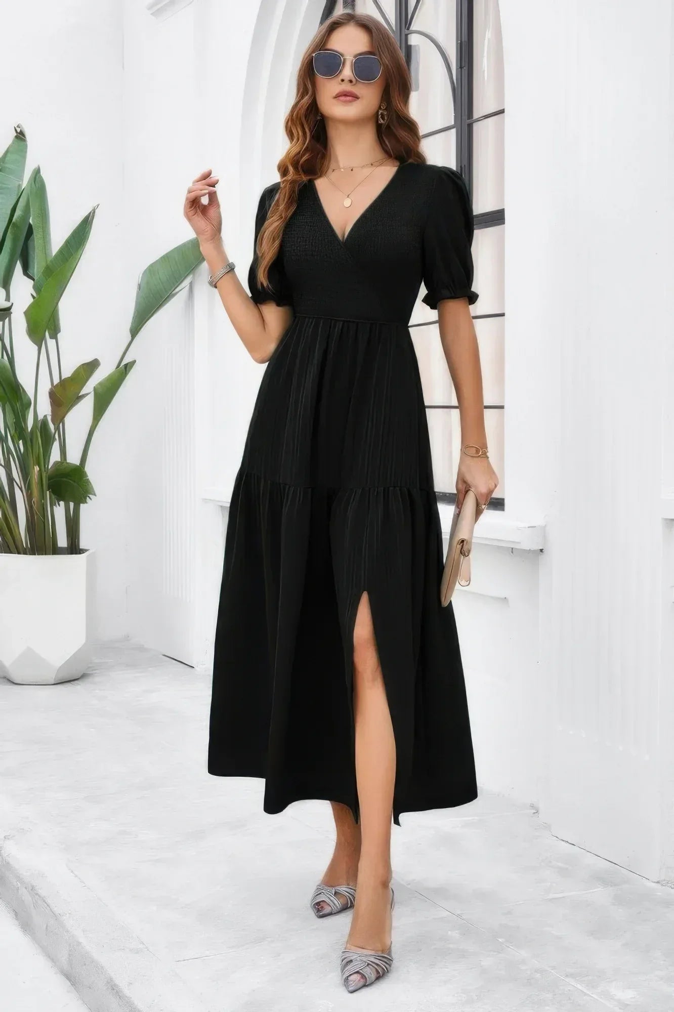 Solid V Neck Ruched High Waist Puff Sleeve Dress | Mixtshop LLC