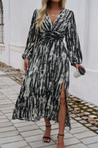 Print V Neck Tie Waist Fit Long Dress | Mixtshop LLC