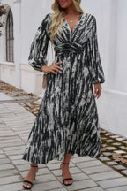 Print V Neck Tie Waist Fit Long Dress | Mixtshop LLC