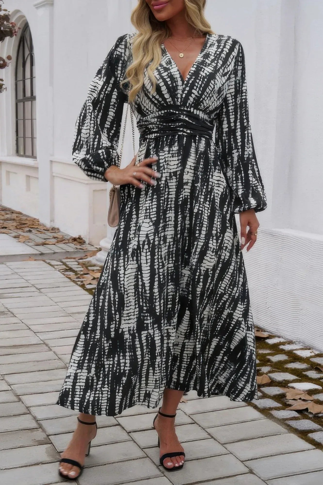 Print V Neck Tie Waist Fit Long Dress | Mixtshop LLC