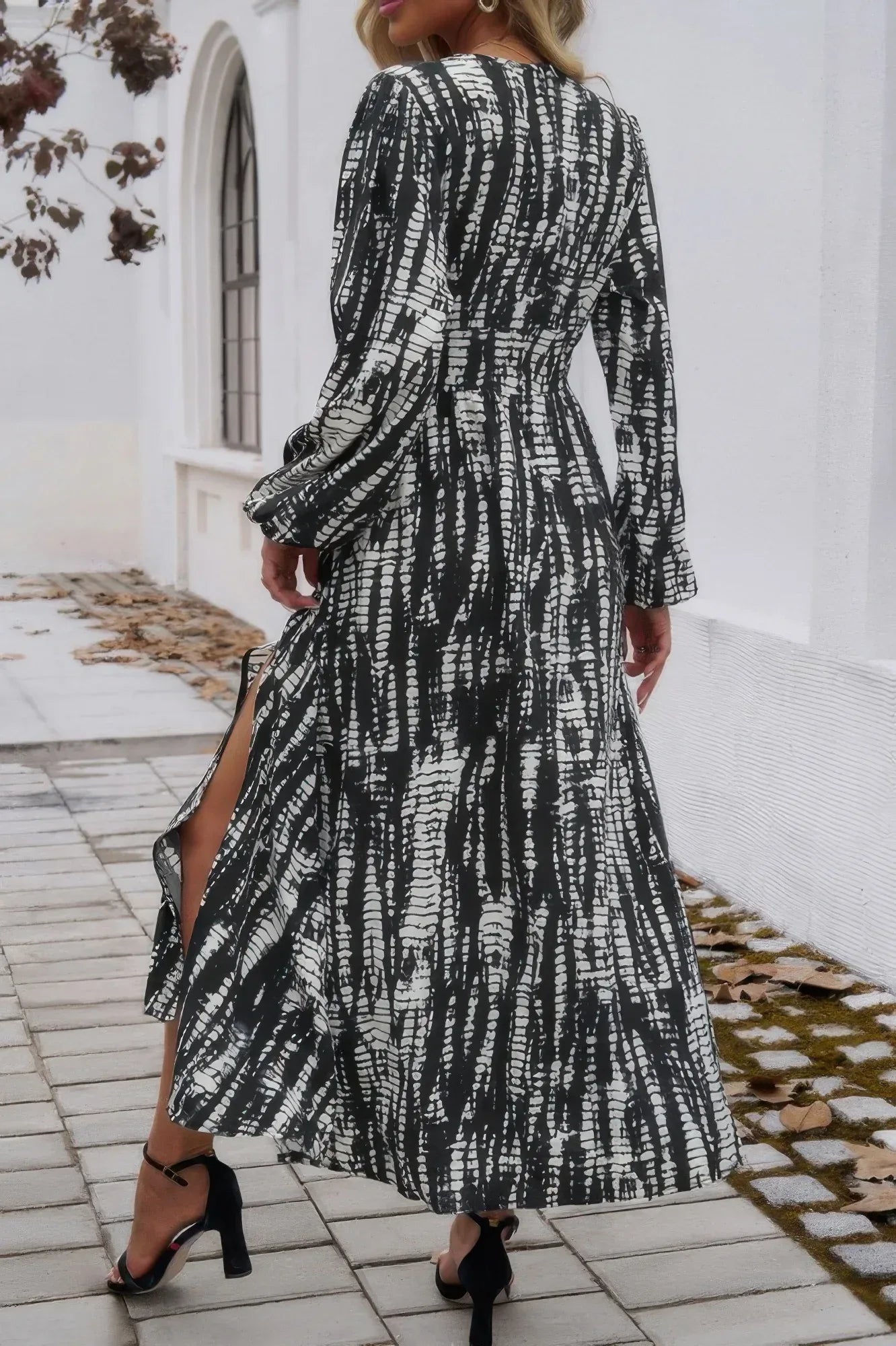 Print V Neck Tie Waist Fit Long Dress | Mixtshop LLC