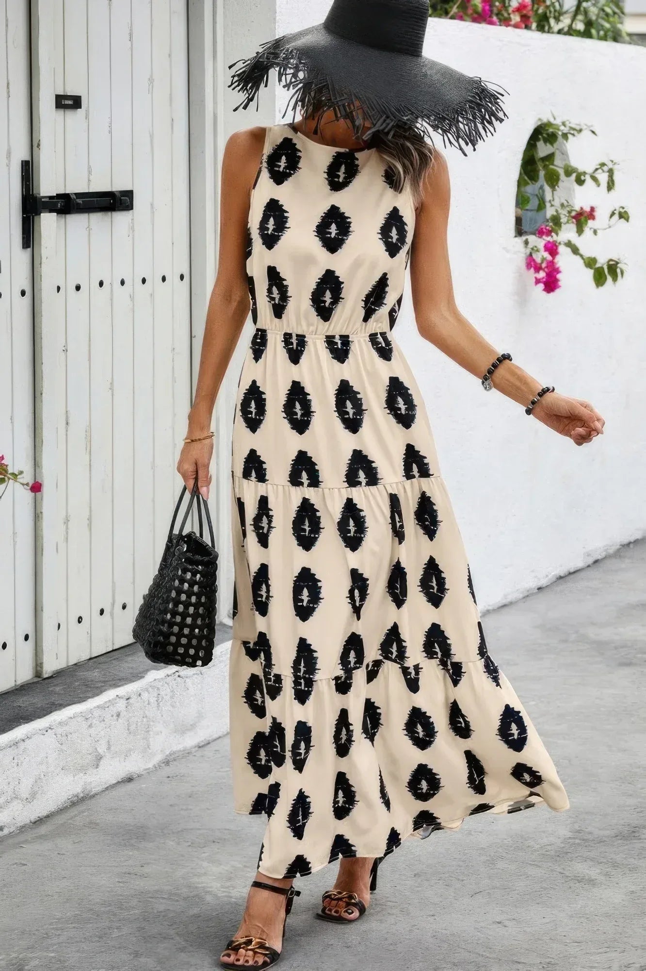 Sleeveless Printed Elastic Waist Ruffle Full Dress | Mixtshop LLC