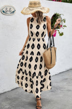 Sleeveless Printed Elastic Waist Ruffle Full Dress | Mixtshop LLC