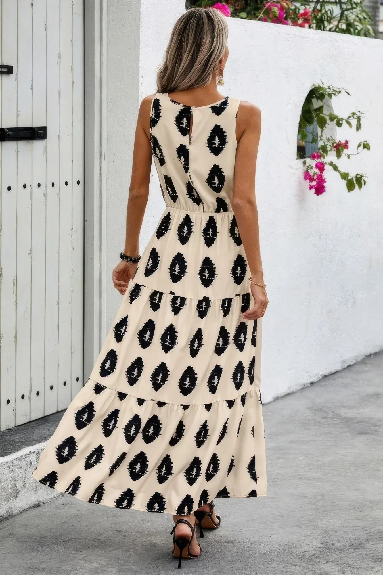 Sleeveless Printed Elastic Waist Ruffle Full Dress | Mixtshop LLC