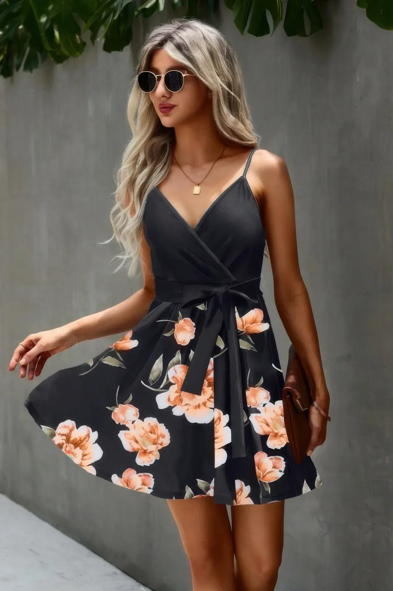 Floral V Neck Spaghetti Strap Belted Cami Dress | Mixtshop LLC