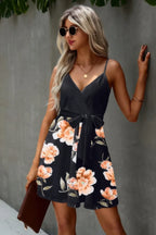 Floral V Neck Spaghetti Strap Belted Cami Dress | Mixtshop LLC