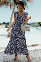 Boho V Neck Wrap Ruffled A Line Long Dress | Mixtshop LLC