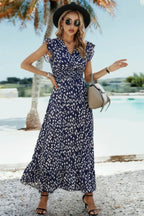 Boho V Neck Wrap Ruffled A Line Long Dress | Mixtshop LLC
