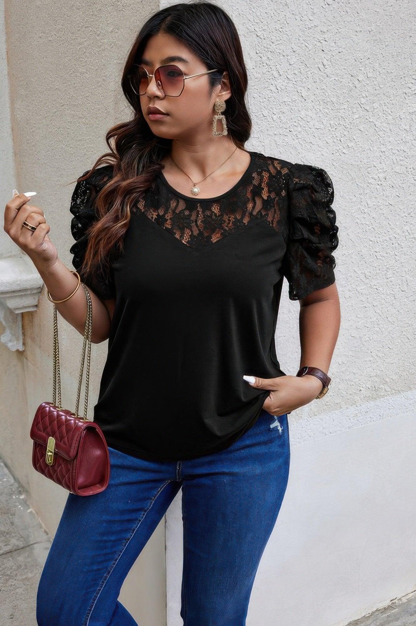 Solid Lace Ruffle Sleeve Hollow Out Elegant Shirt | Mixtshop LLC