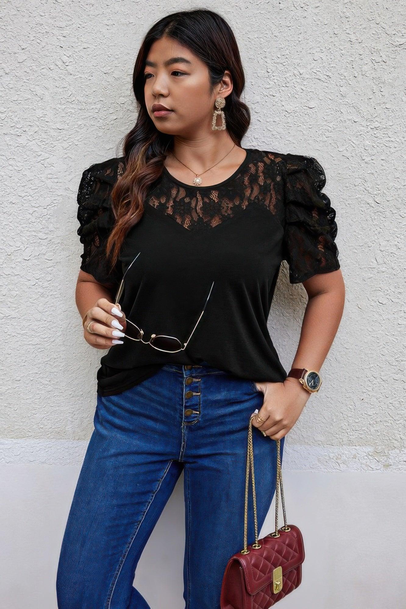 Solid Lace Ruffle Sleeve Hollow Out Elegant Shirt | Mixtshop LLC