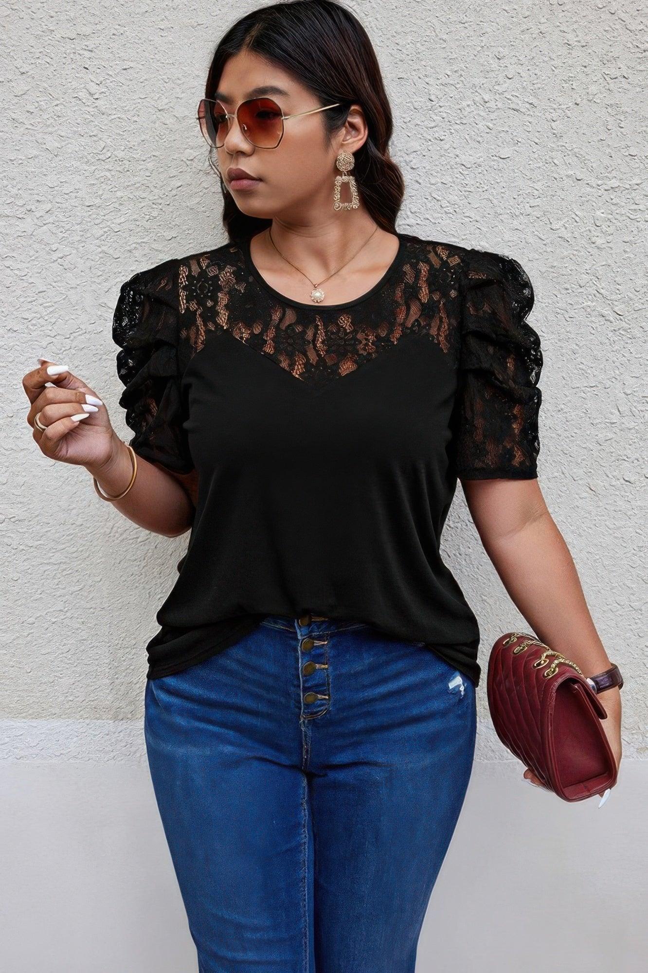 Solid Lace Ruffle Sleeve Hollow Out Elegant Shirt | Mixtshop LLC