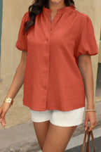 Button Down Lantern Puff Short Sleeve V Neck Top | Mixtshop LLC