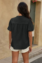 Button Down Lantern Puff Short Sleeve V Neck Top | Mixtshop LLC