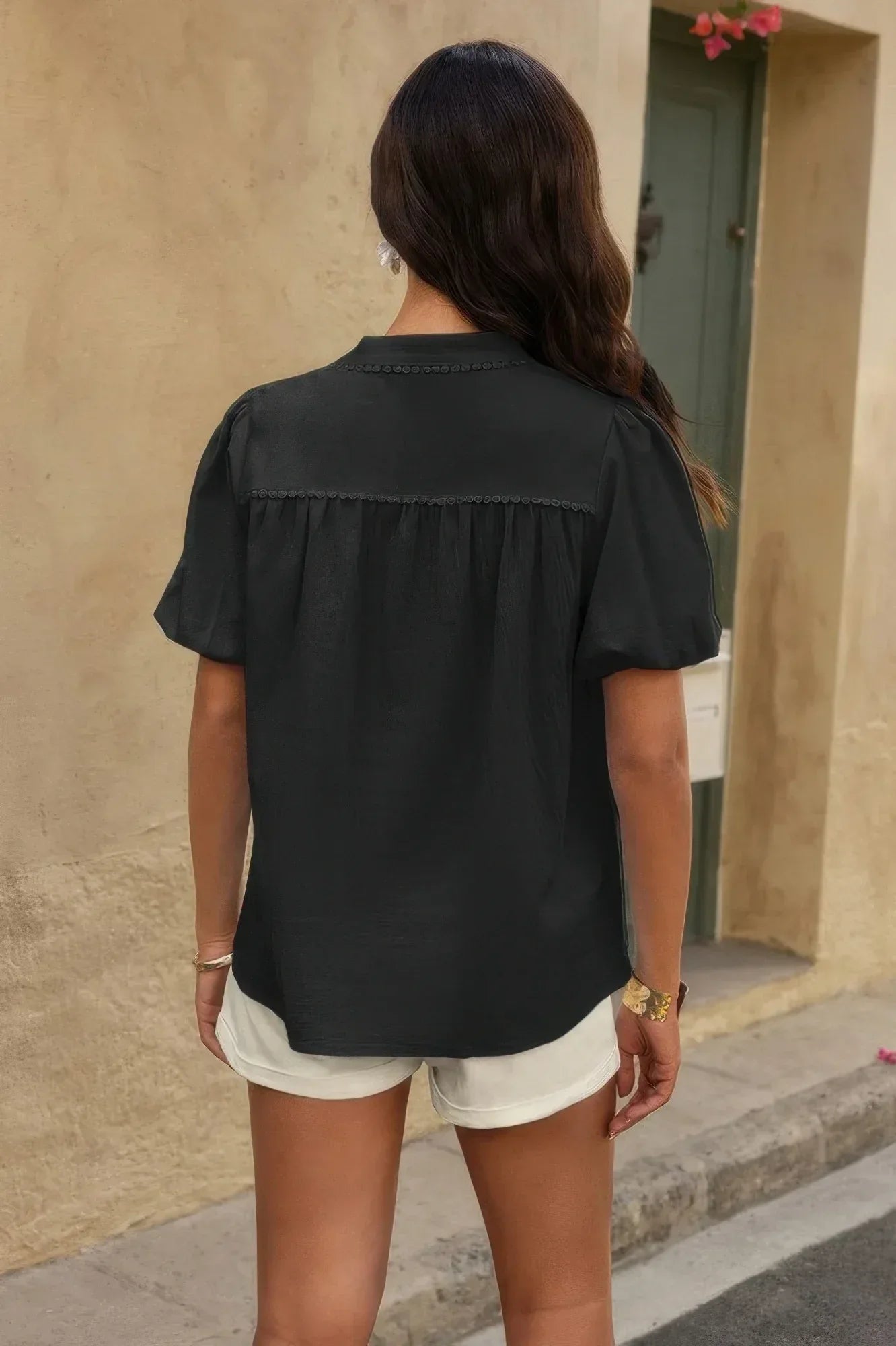 Button Down Lantern Puff Short Sleeve V Neck Top | Mixtshop LLC