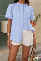 Button Down Lantern Puff Short Sleeve V Neck Top | Mixtshop LLC