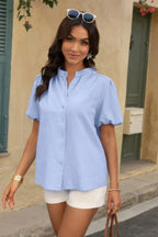 Button Down Lantern Puff Short Sleeve V Neck Top | Mixtshop LLC
