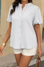 Button Down Lantern Puff Short Sleeve V Neck Top | Mixtshop LLC