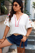 Floral V Neck Ruffle Puff Sleeve Lace Blouse | Mixtshop LLC