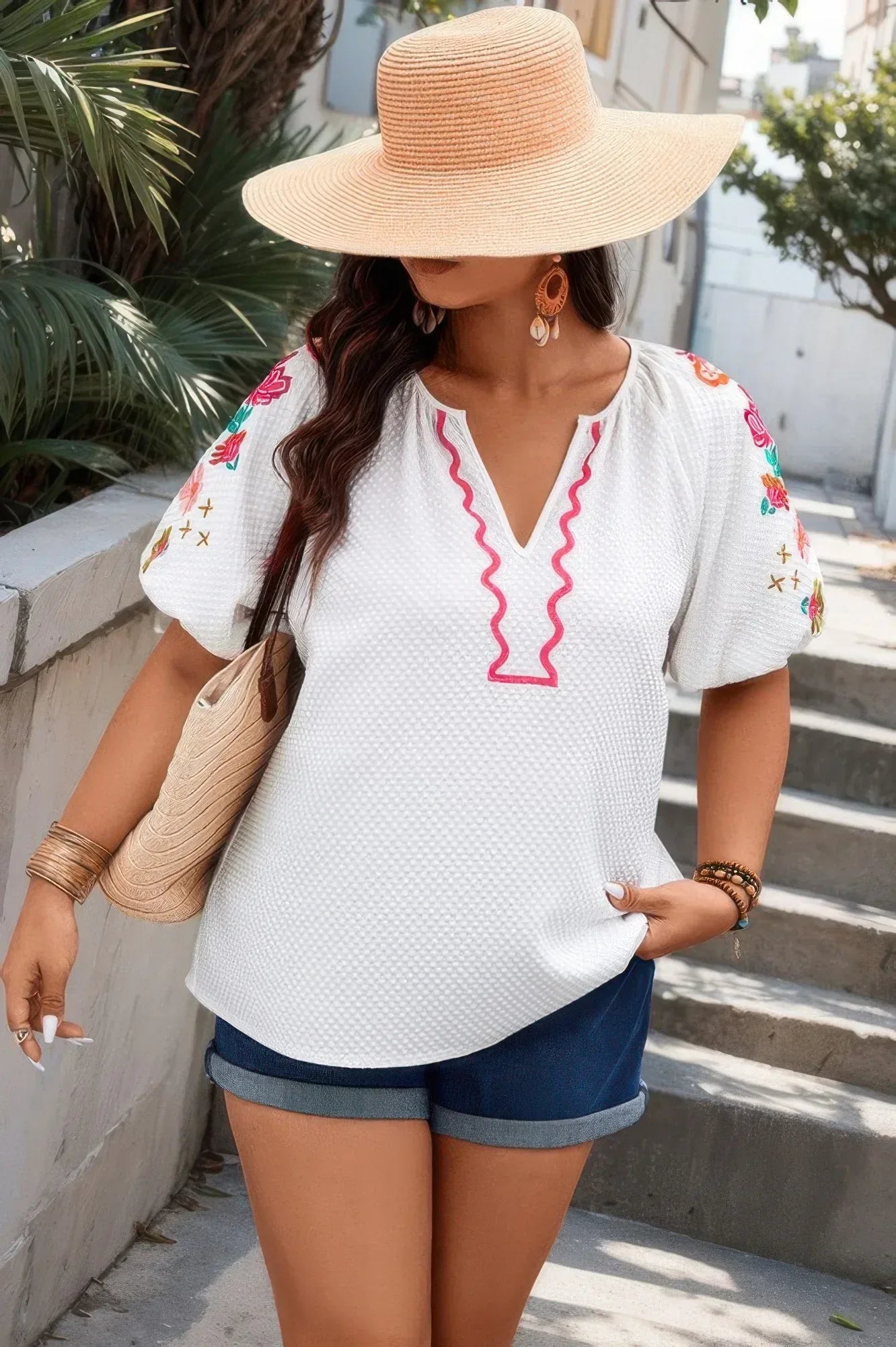 Floral V Neck Ruffle Puff Sleeve Lace Blouse | Mixtshop LLC