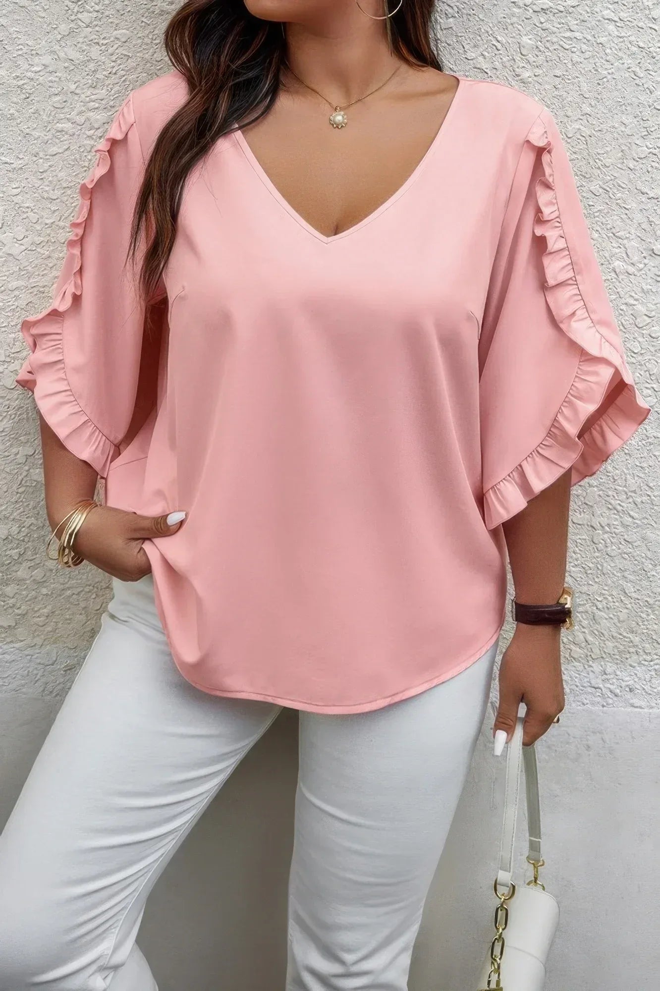 Solid Plus V Neck Ruffle Trim Petal Sleeve Blouse | Mixtshop LLC Main image