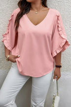 Solid Plus V Neck Ruffle Trim Petal Sleeve Blouse | Mixtshop LLC