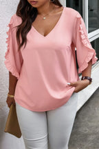 Solid Plus V Neck Ruffle Trim Petal Sleeve Blouse | Mixtshop LLC