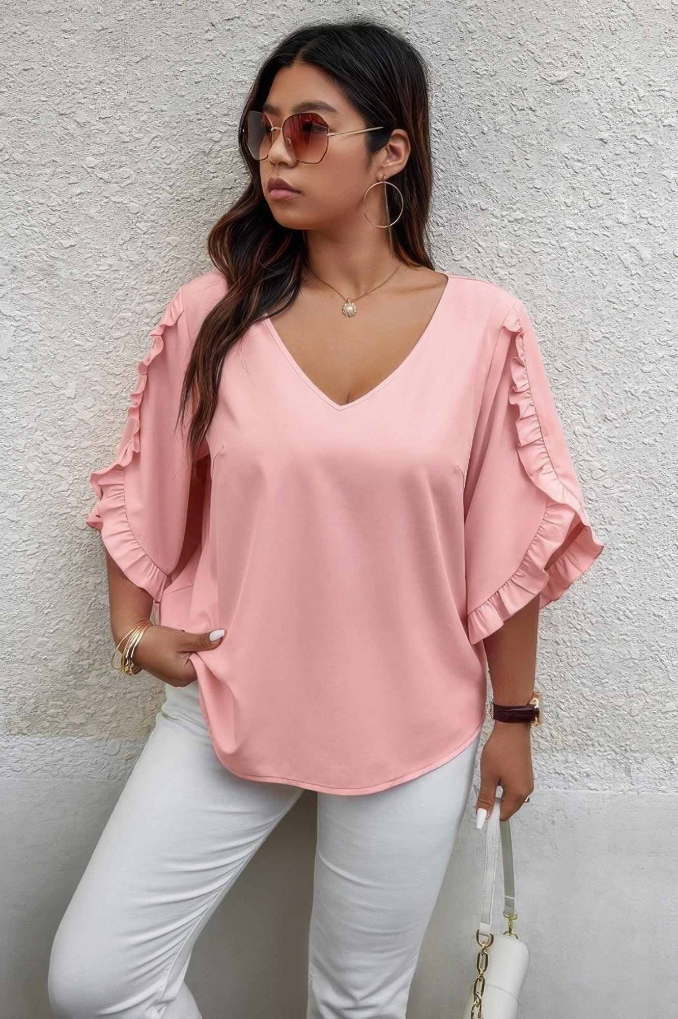 Solid Plus V Neck Ruffle Trim Petal Sleeve Blouse | Mixtshop LLC