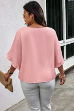 Solid Plus V Neck Ruffle Trim Petal Sleeve Blouse | Mixtshop LLC