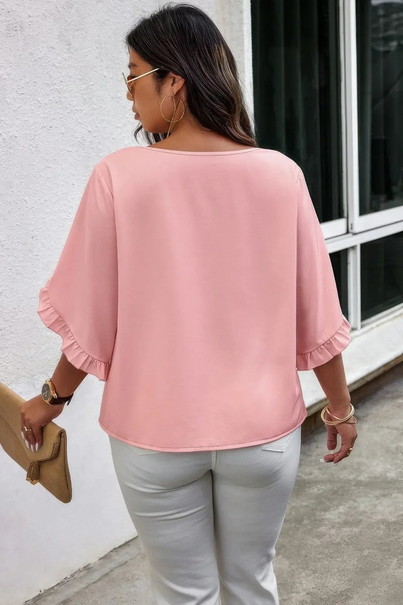 Solid Plus V Neck Ruffle Trim Petal Sleeve Blouse | Mixtshop LLC
