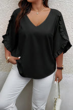 Solid Plus V Neck Ruffle Trim Petal Sleeve Blouse | Mixtshop LLC