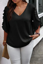 Solid Plus V Neck Ruffle Trim Petal Sleeve Blouse | Mixtshop LLC
