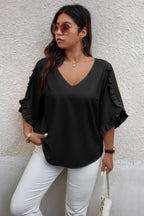 Solid Plus V Neck Ruffle Trim Petal Sleeve Blouse | Mixtshop LLC