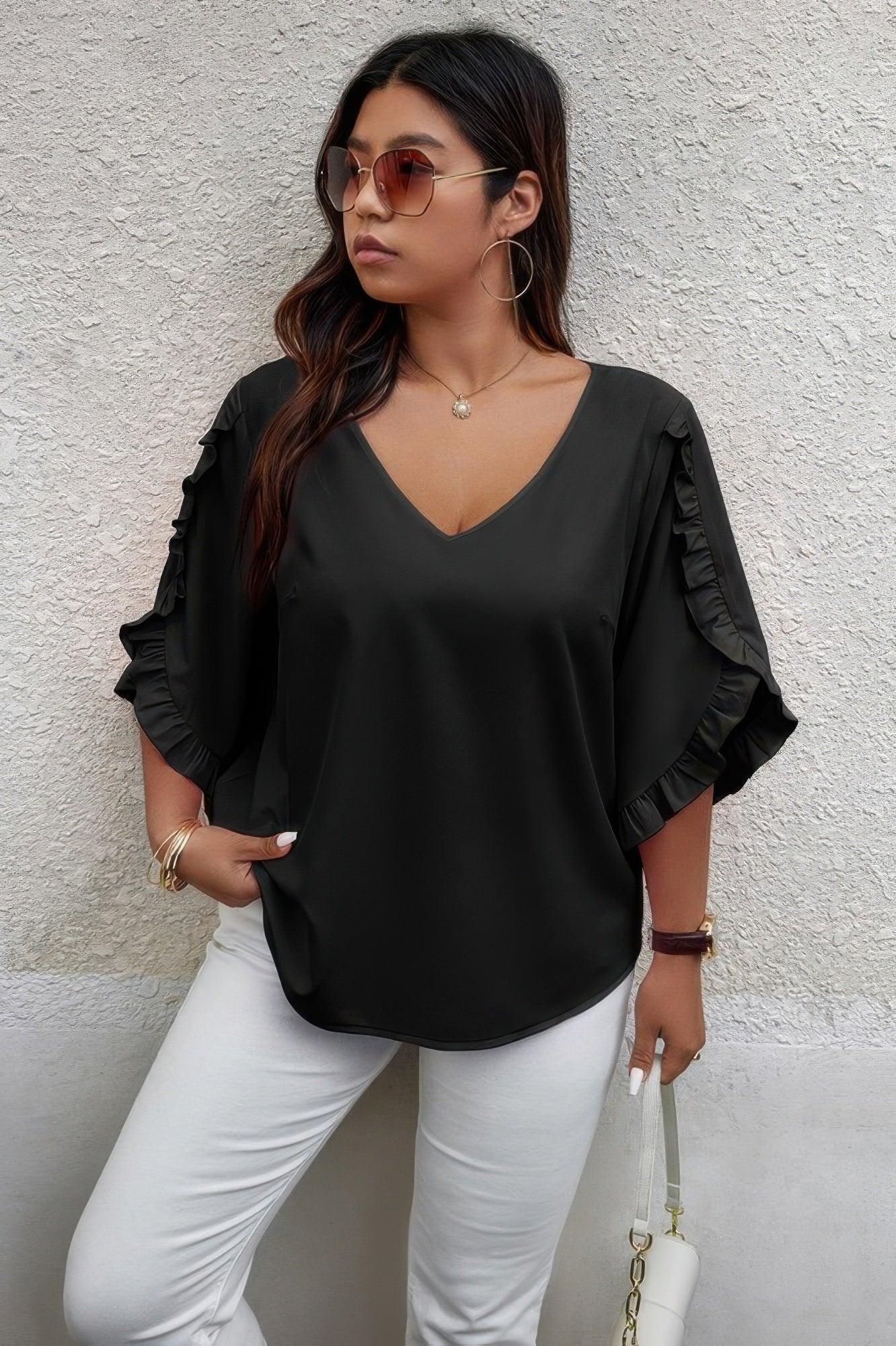 Solid Plus V Neck Ruffle Trim Petal Sleeve Blouse | Mixtshop LLC