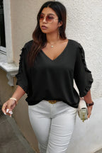 Solid Plus V Neck Ruffle Trim Petal Sleeve Blouse | Mixtshop LLC