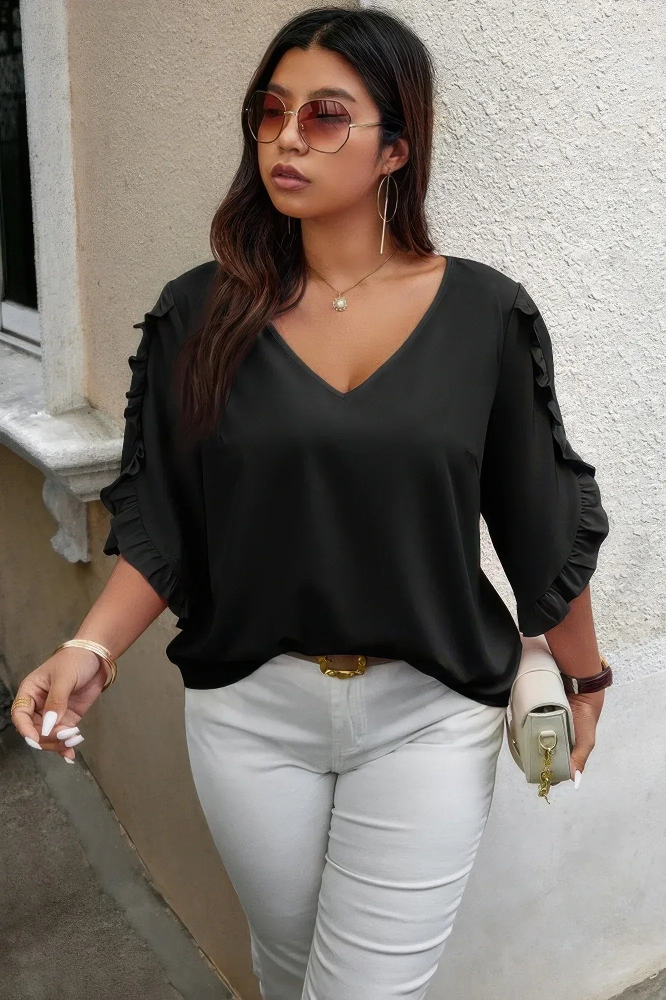 Solid Plus V Neck Ruffle Trim Petal Sleeve Blouse | Mixtshop LLC