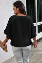 Solid Plus V Neck Ruffle Trim Petal Sleeve Blouse | Mixtshop LLC