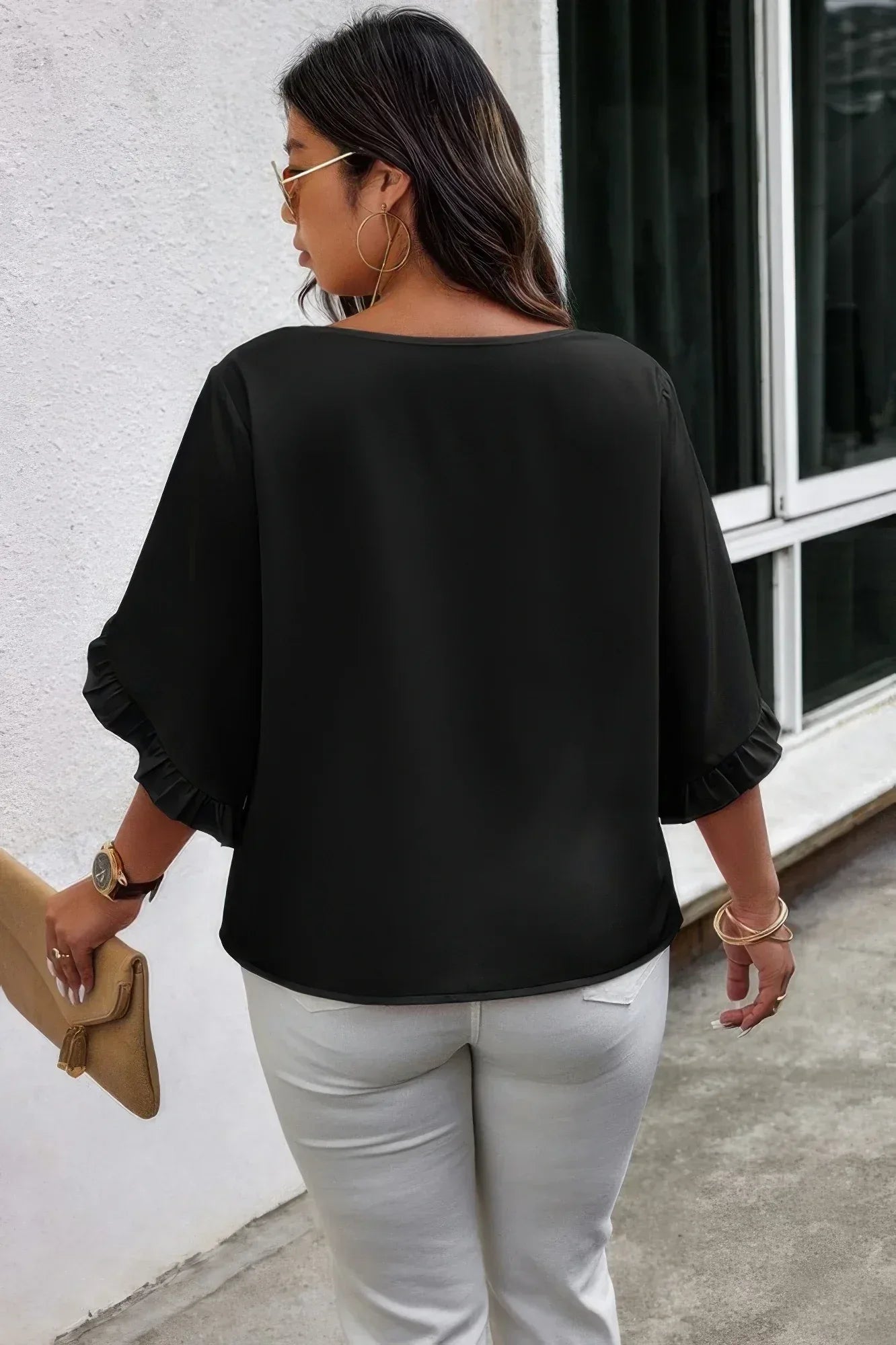 Solid Plus V Neck Ruffle Trim Petal Sleeve Blouse | Mixtshop LLC