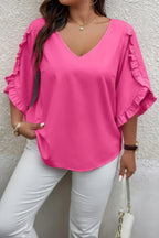 Solid Plus V Neck Ruffle Trim Petal Sleeve Blouse | Mixtshop LLC