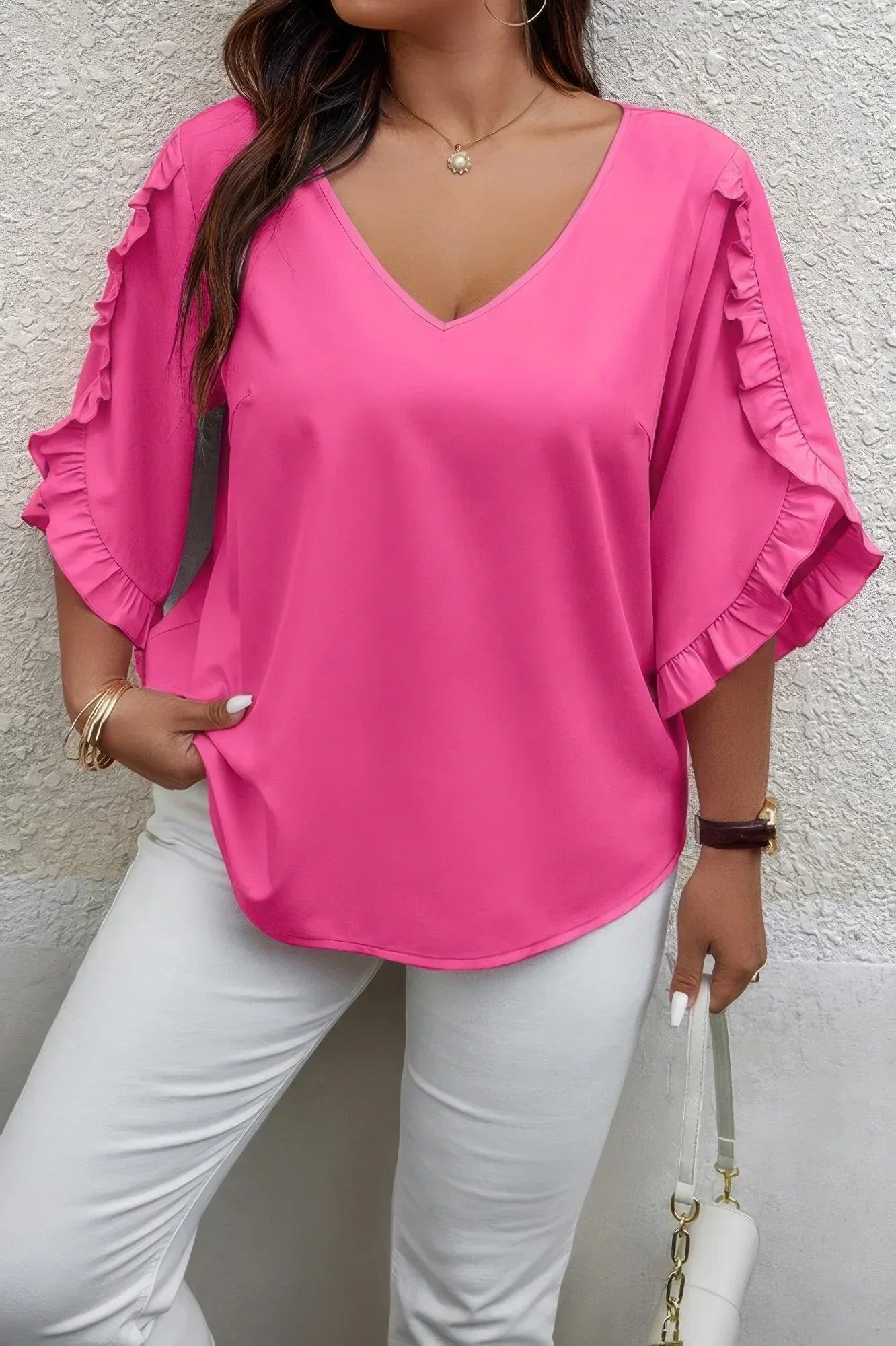 Solid Plus V Neck Ruffle Trim Petal Sleeve Blouse | Mixtshop LLC