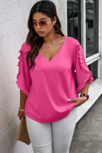 Solid Plus V Neck Ruffle Trim Petal Sleeve Blouse | Mixtshop LLC