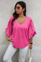 Solid Plus V Neck Ruffle Trim Petal Sleeve Blouse | Mixtshop LLC