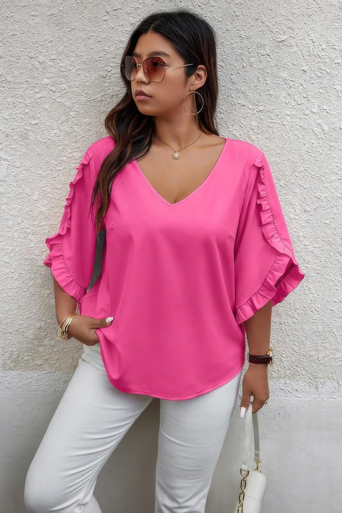 Solid Plus V Neck Ruffle Trim Petal Sleeve Blouse | Mixtshop LLC