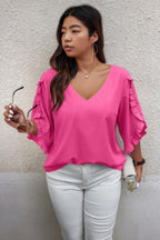 Solid Plus V Neck Ruffle Trim Petal Sleeve Blouse | Mixtshop LLC