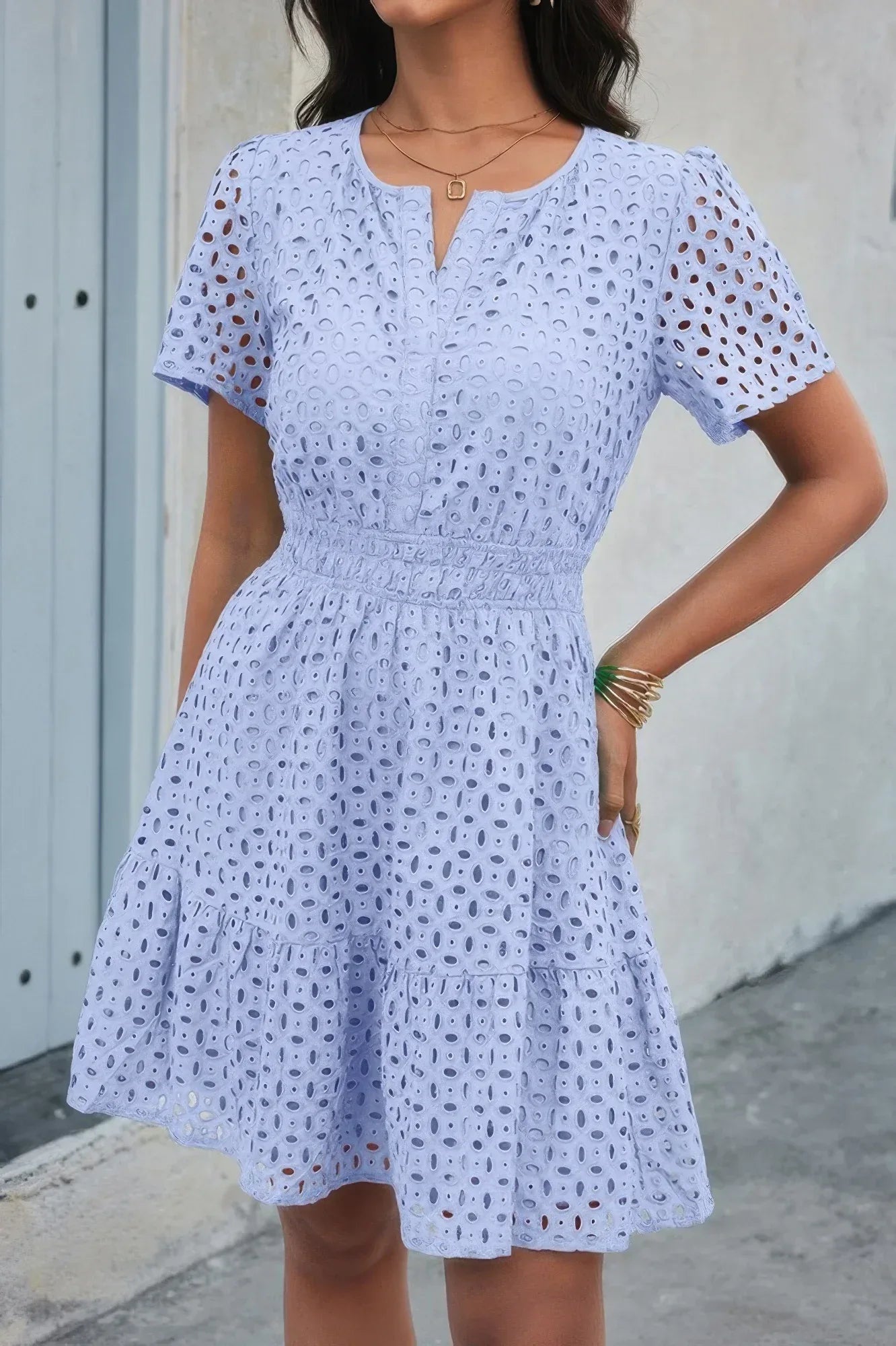 V Neck Lace Solid Lace Ruffle Hollow A Line Dress | Mixtshop LLC Main image