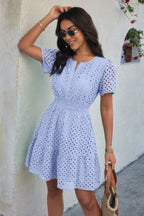 V Neck Lace Solid Lace Ruffle Hollow A Line Dress | Mixtshop LLC