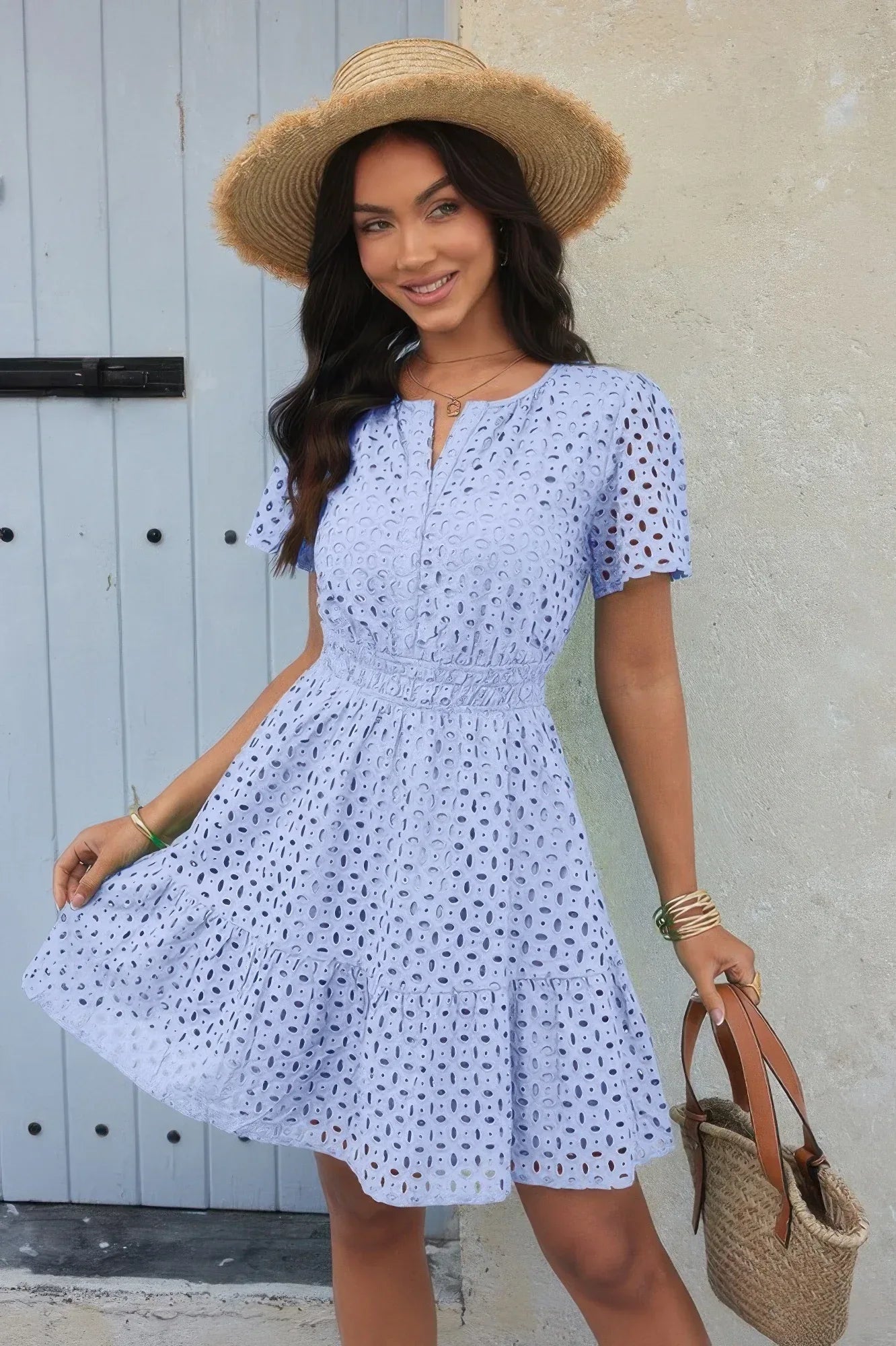 V Neck Lace Solid Lace Ruffle Hollow A Line Dress | Mixtshop LLC