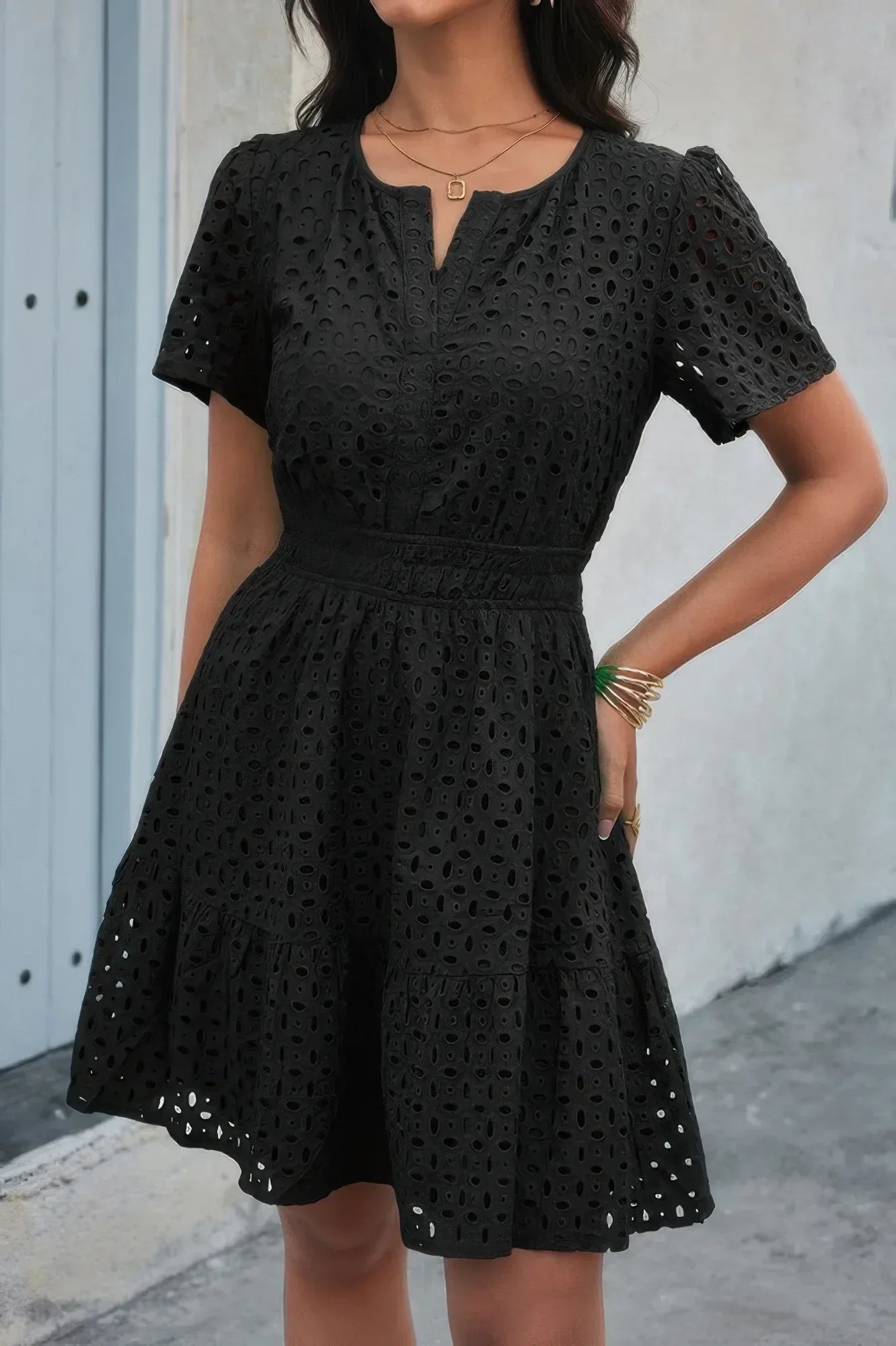 V Neck Lace Solid Lace Ruffle Hollow A Line Dress | Mixtshop LLC