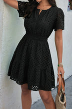 V Neck Lace Solid Lace Ruffle Hollow A Line Dress | Mixtshop LLC