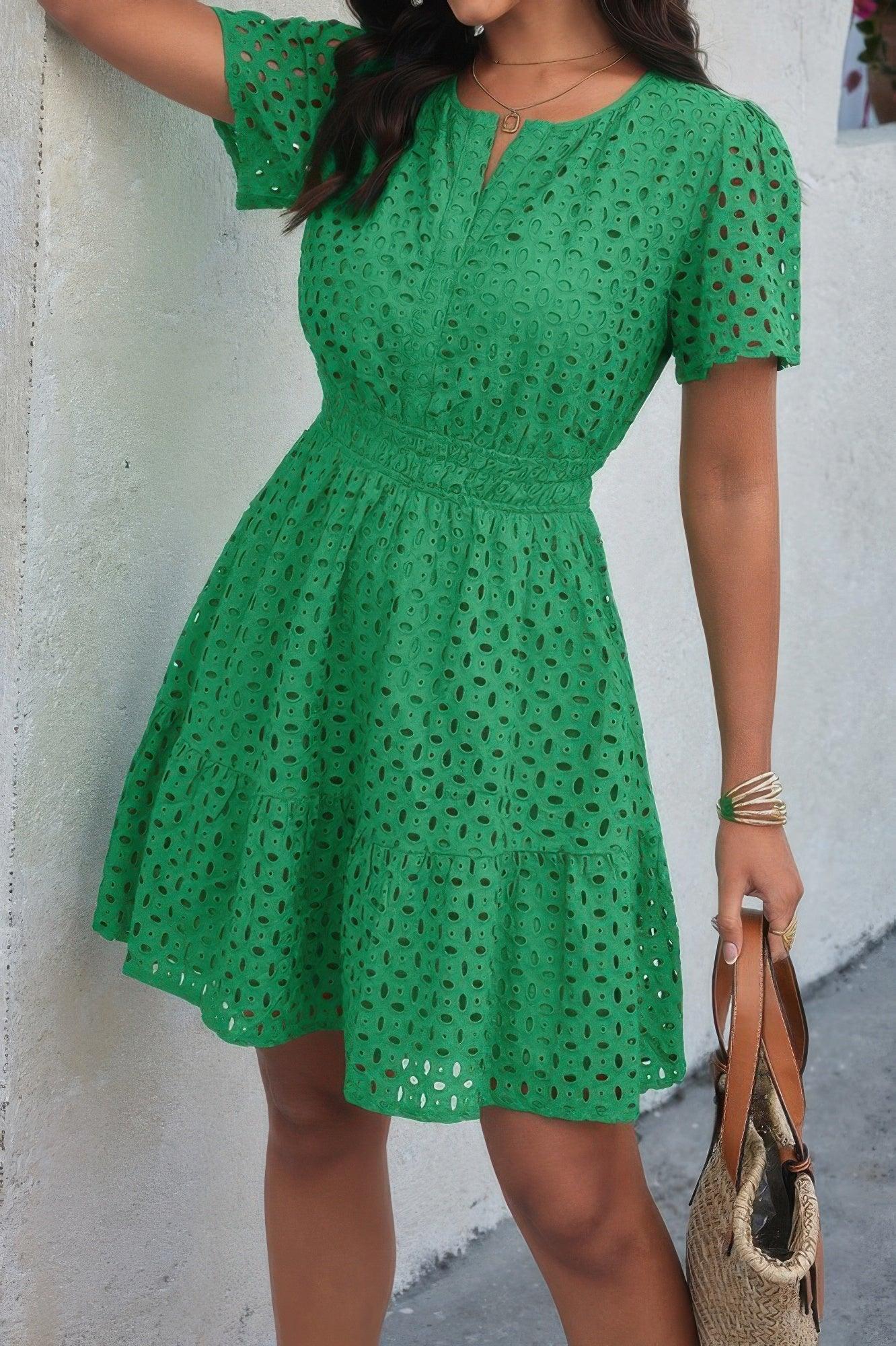 V Neck Lace Solid Lace Ruffle Hollow A Line Dress | Mixtshop LLC