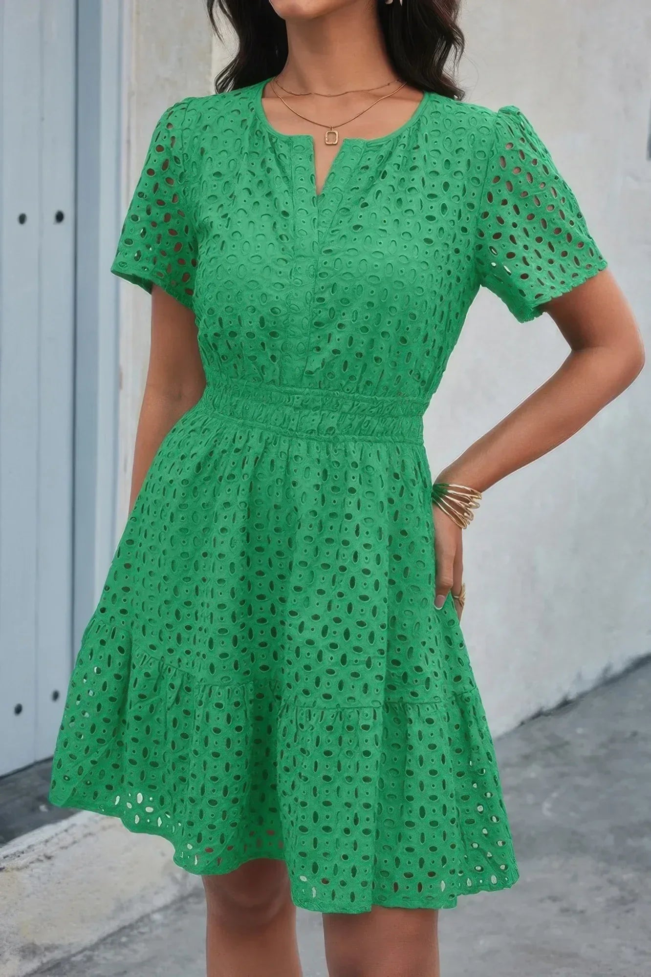V Neck Lace Solid Lace Ruffle Hollow A Line Dress | Mixtshop LLC
